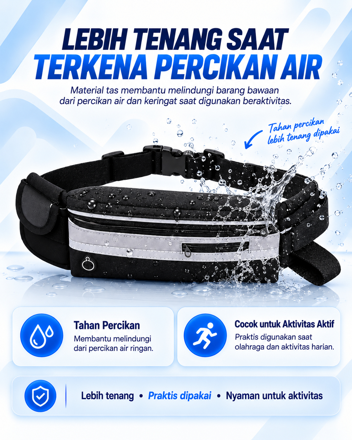 Demonstrasi tahan percikan air pada tas