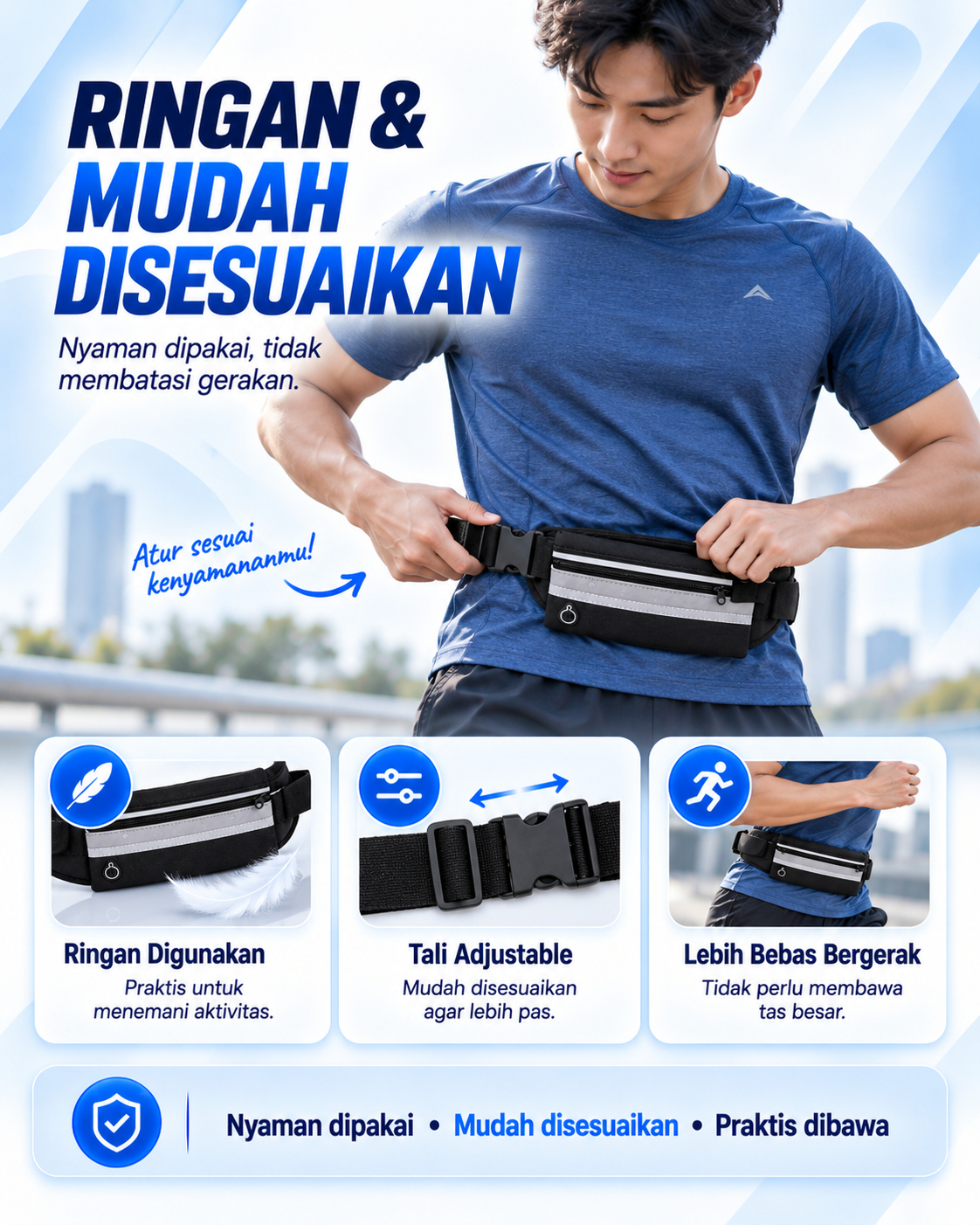 Orang menyesuaikan tali tas pinggang olahraga