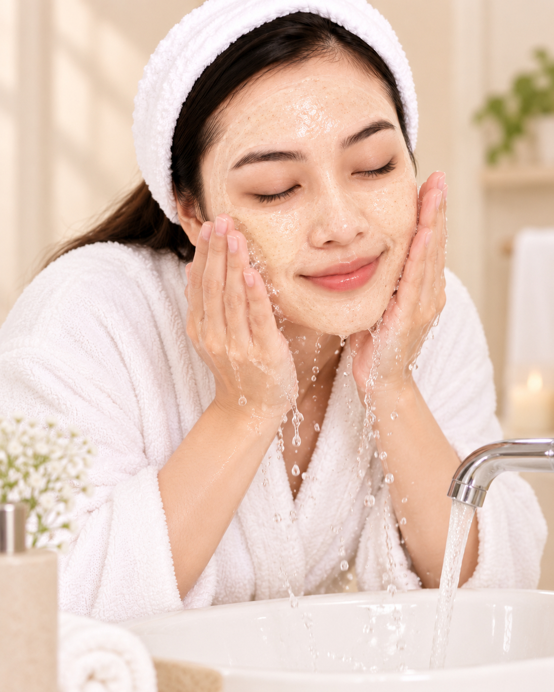 Membilas wajah setelah menggunakan masker