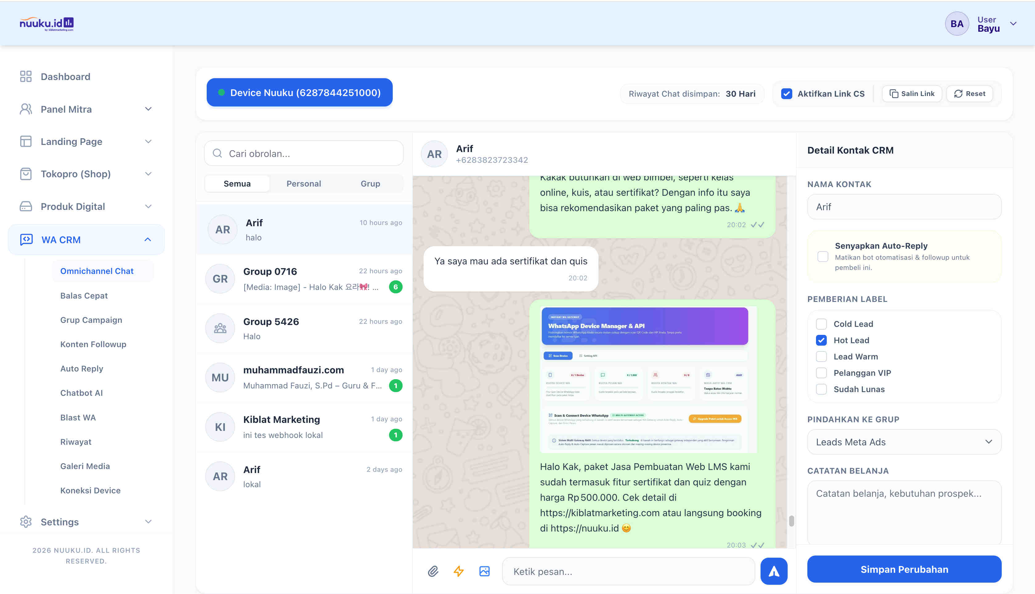 Dashboard WA CRM Omnichannel