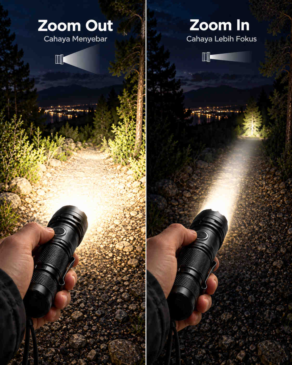 Fitur zoom out dan zoom in pada cahaya senter